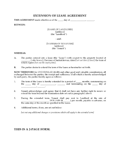 Saskatchewan Extension of Residential Lease