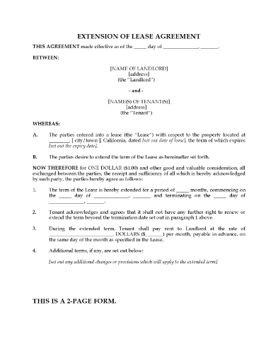 California Extension of Residential Lease