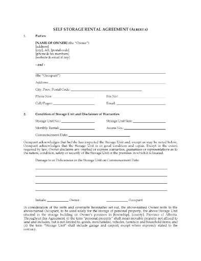 Alberta Self Storage Rental Agreement