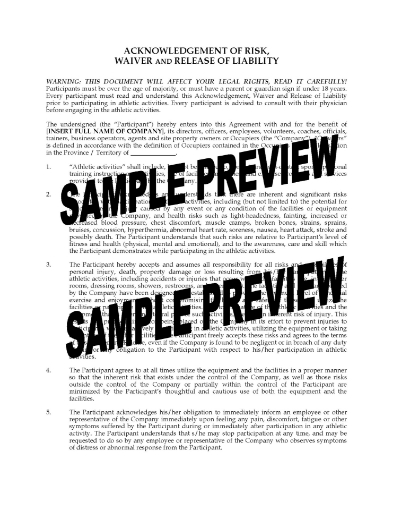 Canada Waiver and Release Form for Fitness Program