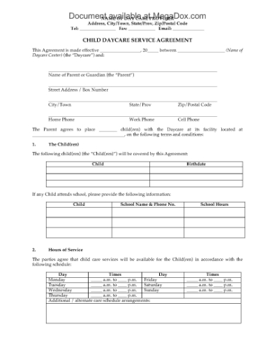 Picture of Child Daycare Service Agreement