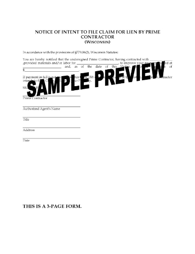 Wisconsin Notice of Intent to File Lien Claim - Prime Contractor