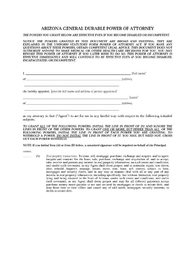 Arizona Immediate Power of Attorney Form