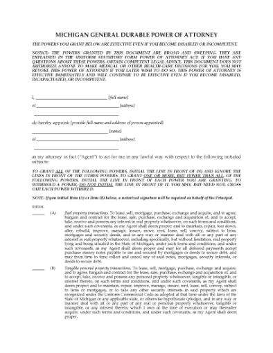 Picture of Michigan General Durable Immediate Power of Attorney