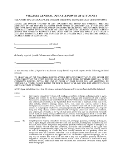 Picture of Virginia General Durable Immediate Power of Attorney