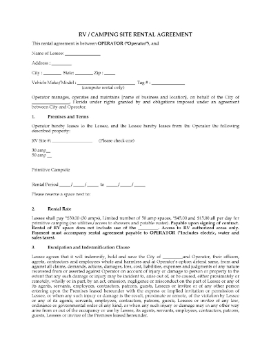 Florida RV / Camping Site Rental Agreement