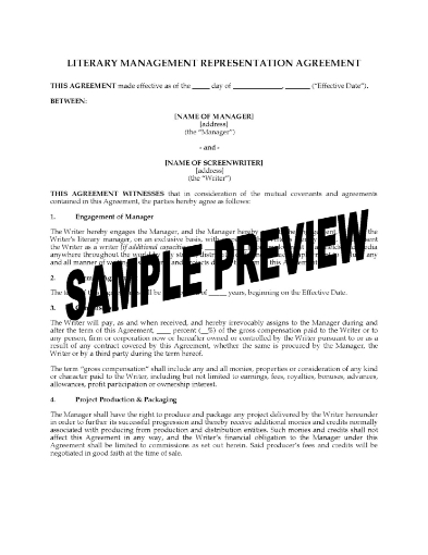 Literary Management Representation Agreement for Screenwriters