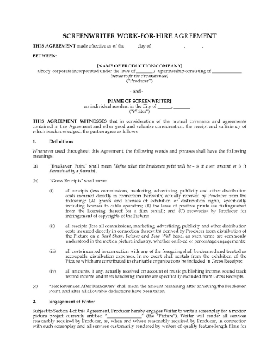 USA Screenwriter Work for Hire Contract