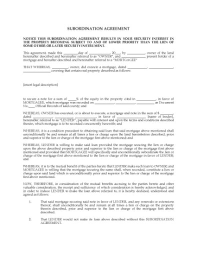 Picture of Subordination Agreement | USA