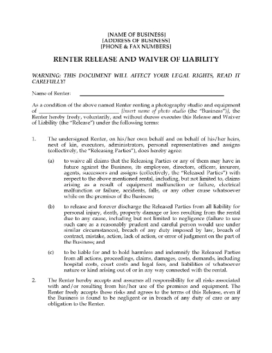 Photo Studio Rental Release and Waiver Form