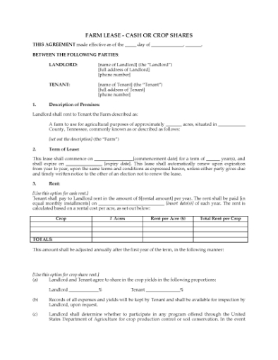 Picture of Tennessee Farm Lease for Cash or Crop Shares