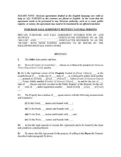 Mexico Real Estate Contract Between Natural Persons