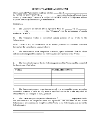 Picture of Subcontractor Agreement | UK