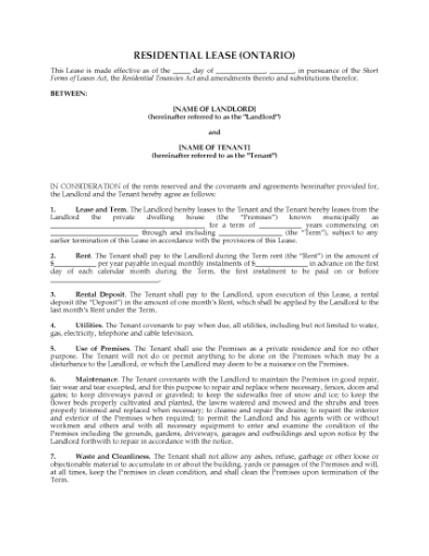 Picture of Ontario Short Form Residential Lease Agreement