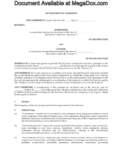 Canada Environmental Indemnity form