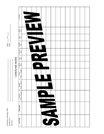 Picture of Costume Size Sheet for Film Production