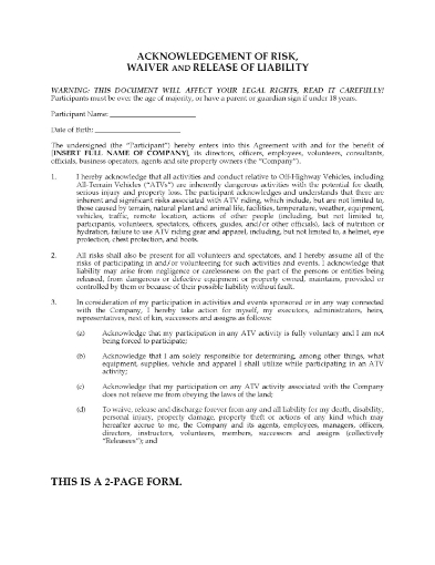 ATV Race Waiver and Release Form
