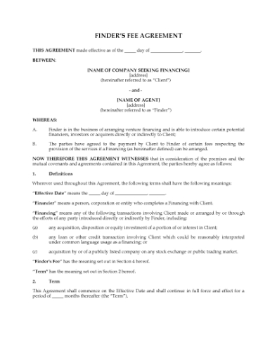 Picture of USA Finder's Fee Agreement for Identifying Potential Financings