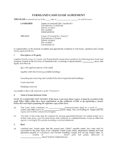 Saskatchewan Farm Land Cash Lease Agreement