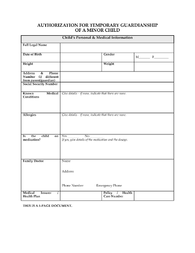 USA Authorization for Temporary Guardianship of Minor Child