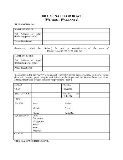 Ontario Bill of Sale for Boat