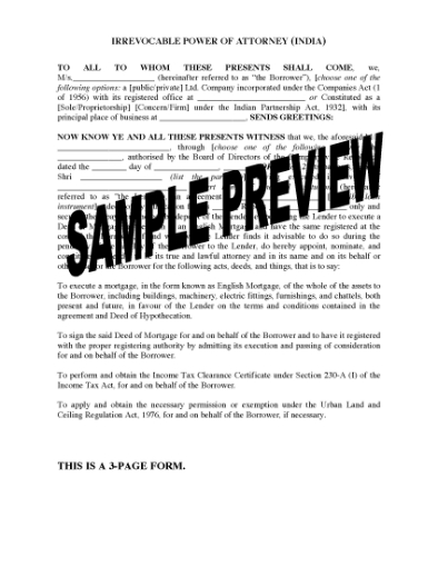 Picture of India Irrevocable Power of Attorney for Business Loan