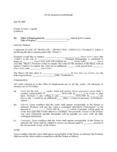 Picture of Offer of Employment to Actor for Film Role