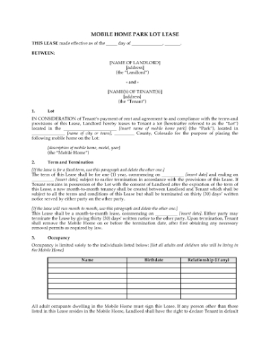 Picture of Colorado Mobile Home Park Lot Lease