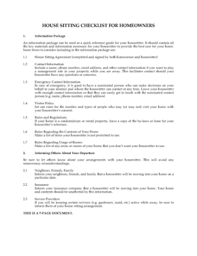 Picture of House Sitting Checklist