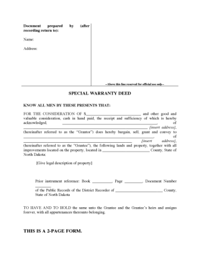 Picture of North Dakota Special Warranty Deed