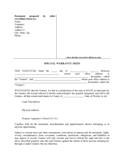 Picture of Florida Special Warranty Deed