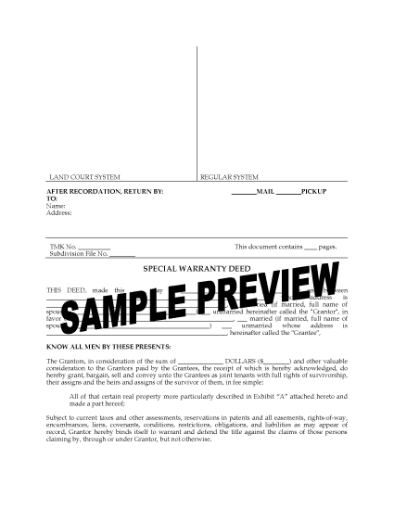Picture of Hawaii Special Warranty Deed