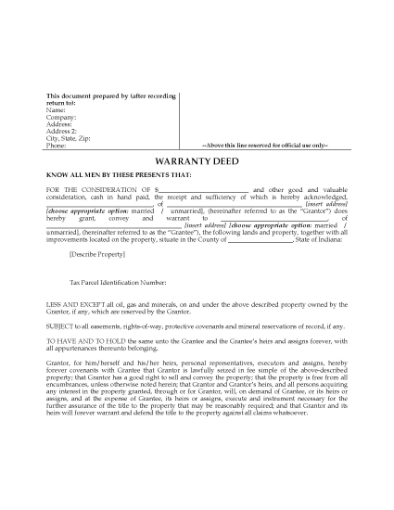 Picture of Indiana Warranty Deed
