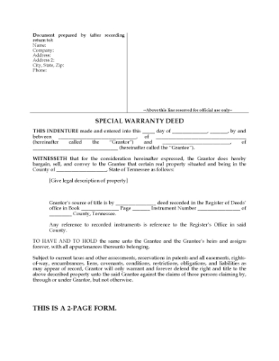 Picture of Tennessee Special Warranty Deed