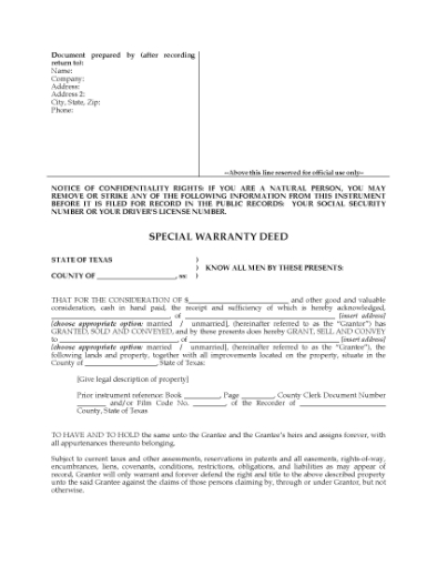 Picture of Texas Special Warranty Deed
