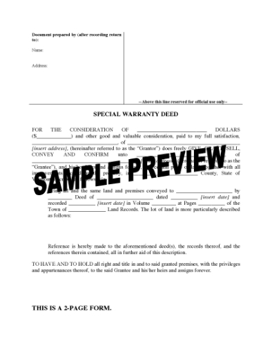 Picture of Vermont Special Warranty Deed