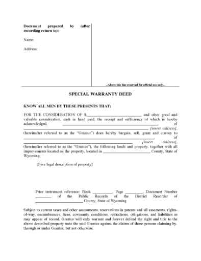 Picture of Wyoming Special Warranty Deed
