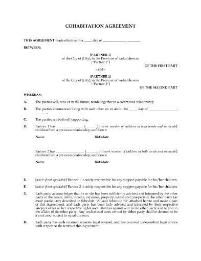 Saskatchewan Cohabitation Agreement