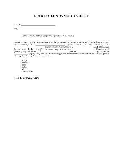 Idaho Notice of Lien on Motor Vehicle