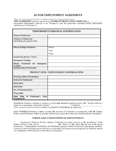 Actor Employment Agreement for non-union day performers