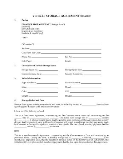 Picture of Idaho Vehicle Storage Agreement