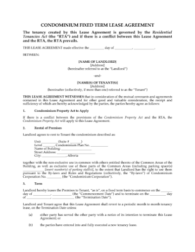 Picture of Alberta Condominium Fixed Term Lease