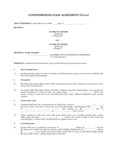 Picture of Texas Condominium Lease Agreement