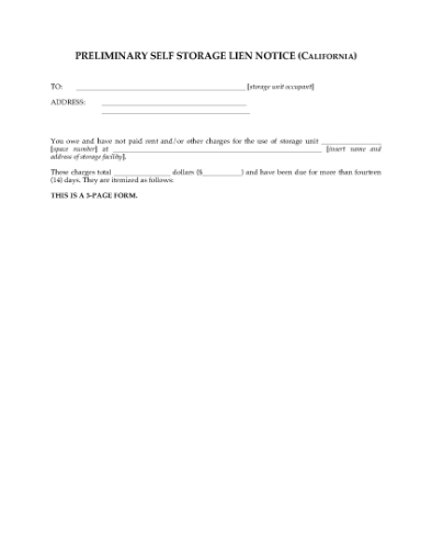 Picture of California Preliminary Self Storage Lien Notice