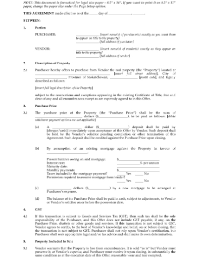 Picture of Saskatchewan Offer to Purchase Residential Real Estate