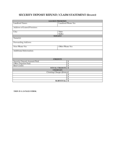 Picture of Idaho Security Deposit Statement