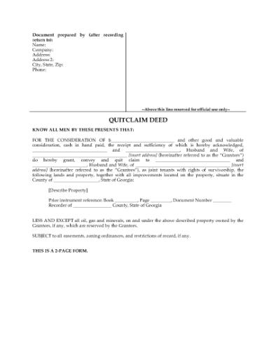 Picture of Georgia Quitclaim Deed for Joint Ownership
