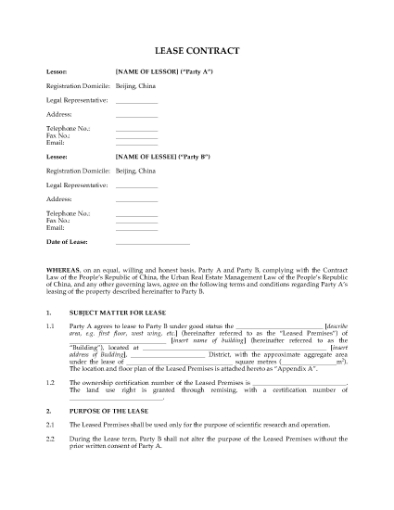 Picture of China Lease Contract for Science Research Facility