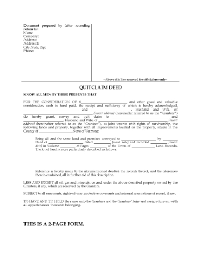 Picture of Vermont Quitclaim Deed for Joint Ownership