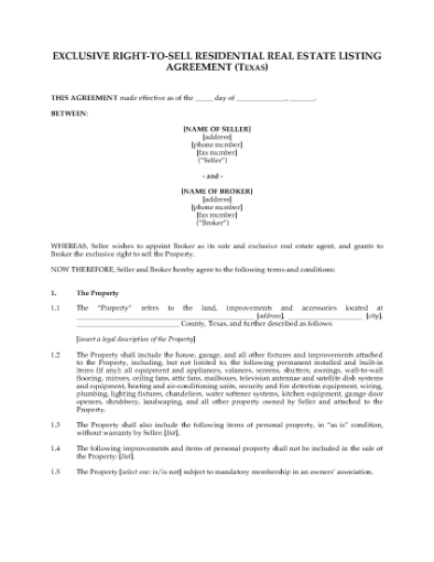 Picture of Texas Exclusive Right-to-Sell Real Estate Agreement